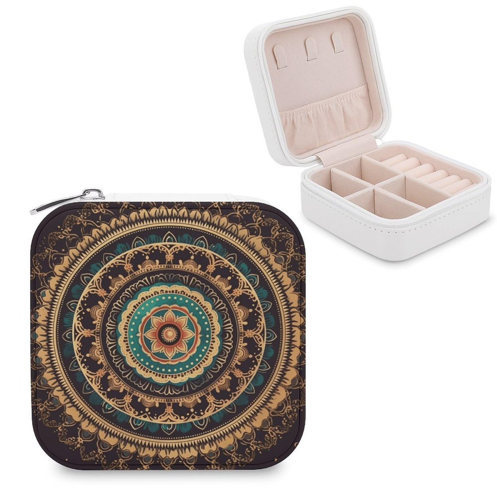 VstaDank Mandala Jewelry Box Exquisite Leather Jewelry Organizer Portable Trinket Organizer Fashion Travel Jewelry Case for Rings Earrings Necklaces Unique Gifts for Women