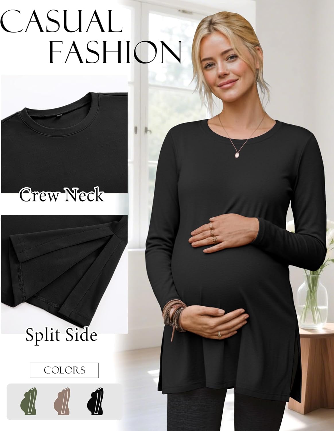 Riyiper 3 Pack Women's Maternity Shirts Split Side Crew Neck Pregnancy Lounge Tee Tops Long Sleeve Loose Fit Pajamas Clothes - Image 5