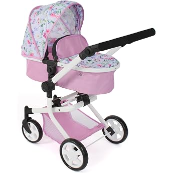 Bayer Chic 2000 2-in-1 Mika Doll's Pram - Flowers Pink - Foldable - Height-Adjustable Handle 47-80 cm - Modern Frame - Dolls up to 52 cm - 4-8 Years