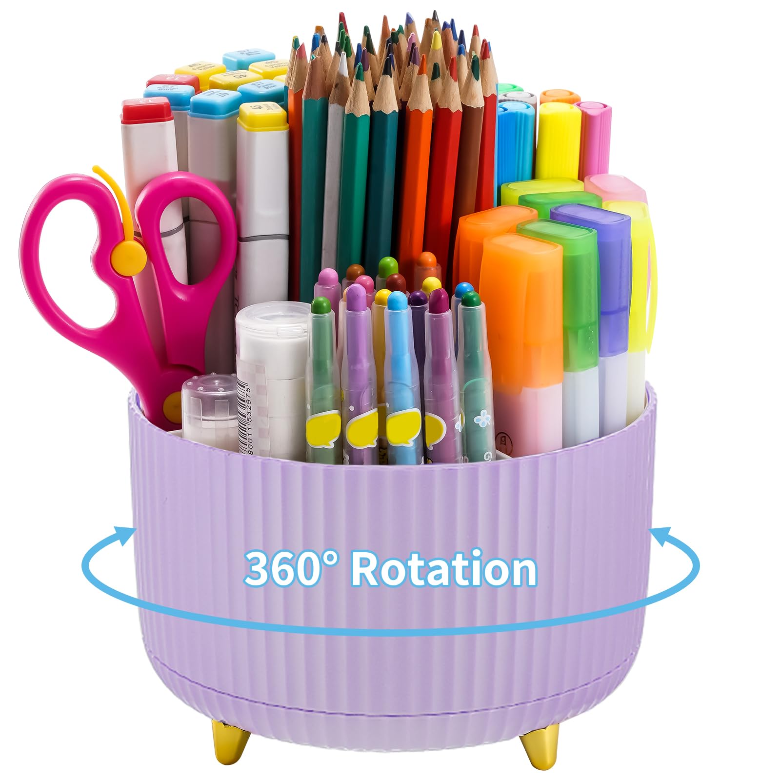 Marbrasse Desk Organizer, 360-Degree Rotating Pen Holder, Desk Organizers and Accessories with 5 Compartments Pencil Holder, Art Supply Storage Box Caddy for Office, Home（Purple）