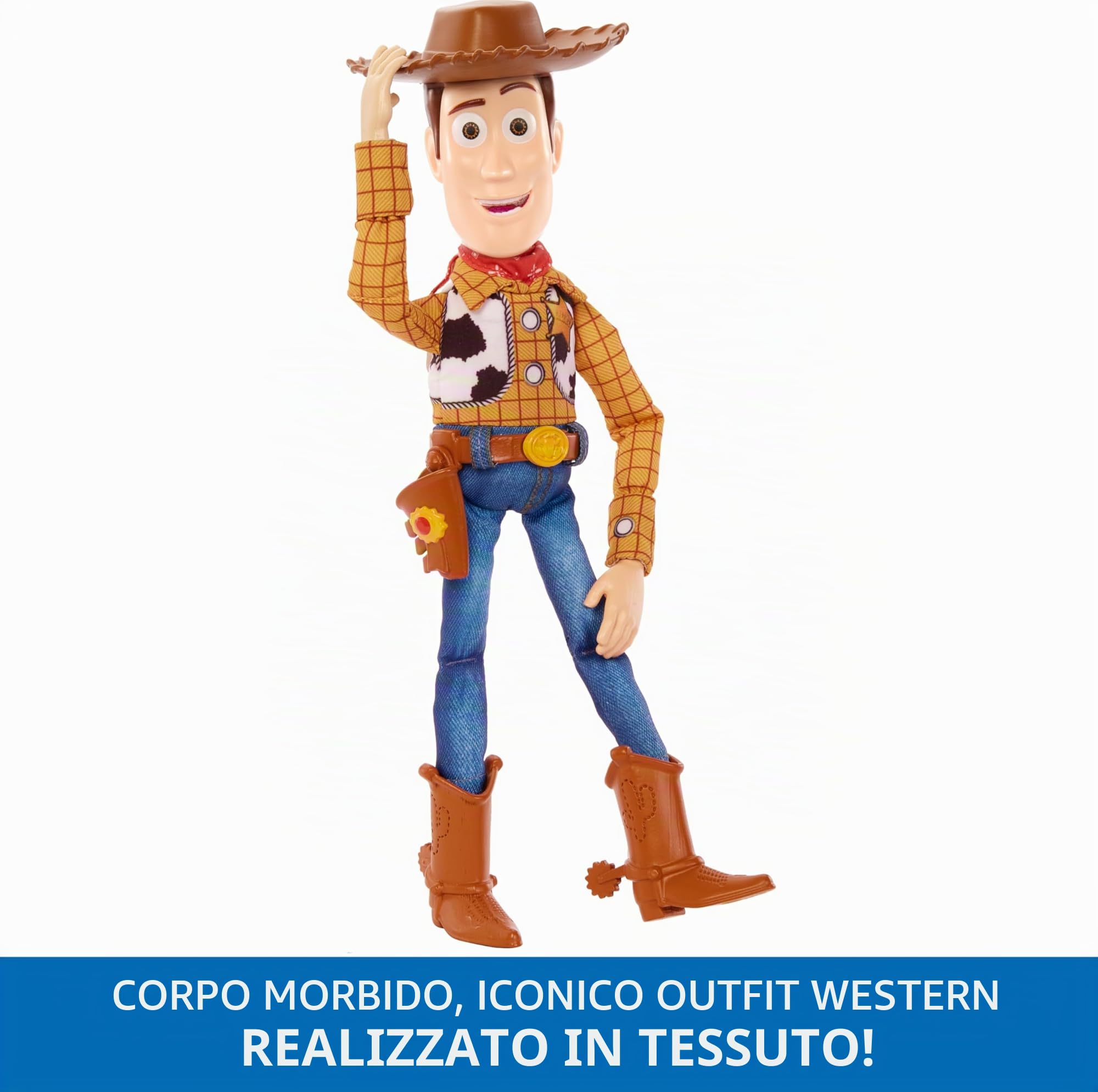 Mattel Disney Pixar Toy Story Woody Sceriffo del West snodato, parlante e in formato maxi (30,4 cm), 20 frasi, fedele nei minimi dettagli, peluche e plastica, dai 3 anni in su, HFY35
