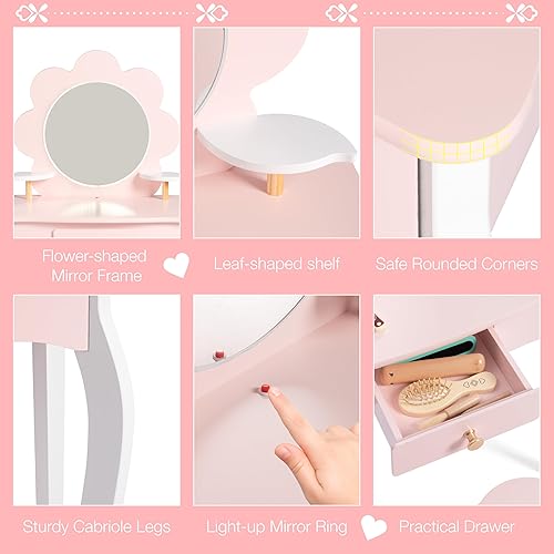 Miniatura 3 de Spirich Vanidad para niños, juego de tocador para niñas con espejo, taburete y luces, juego de mesa y silla para niños, tocador de madera de