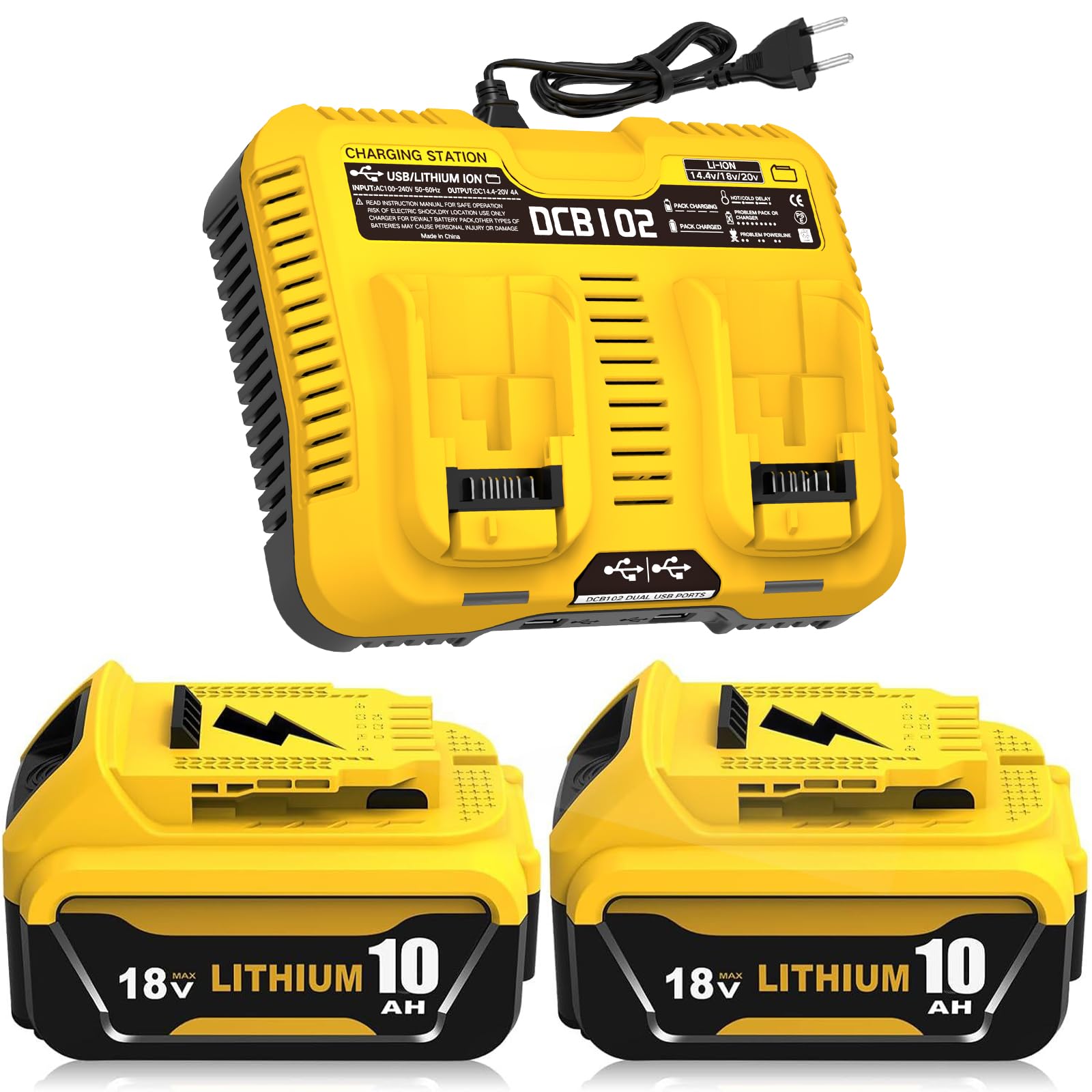 2Pack 18V 10.0Ah Batteries pour Dewalt + 4A Double Chargeur DCB102