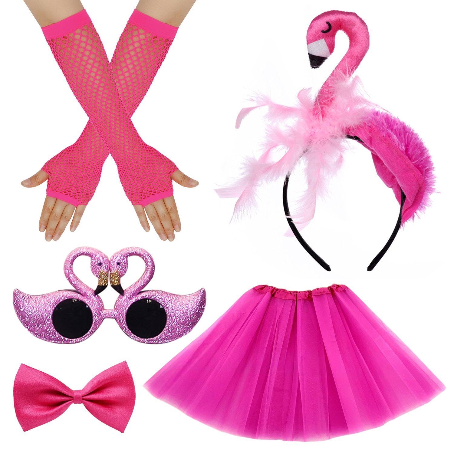 TVSVKWE 1 Headband, 1 Yarn Skirt, 1 Pair Of Gloves, 1 Pair Of Glasses And 1 Bow Tie, Flamingo Clothing, Party Clothing Accessories, Creative And Fun Accessories.