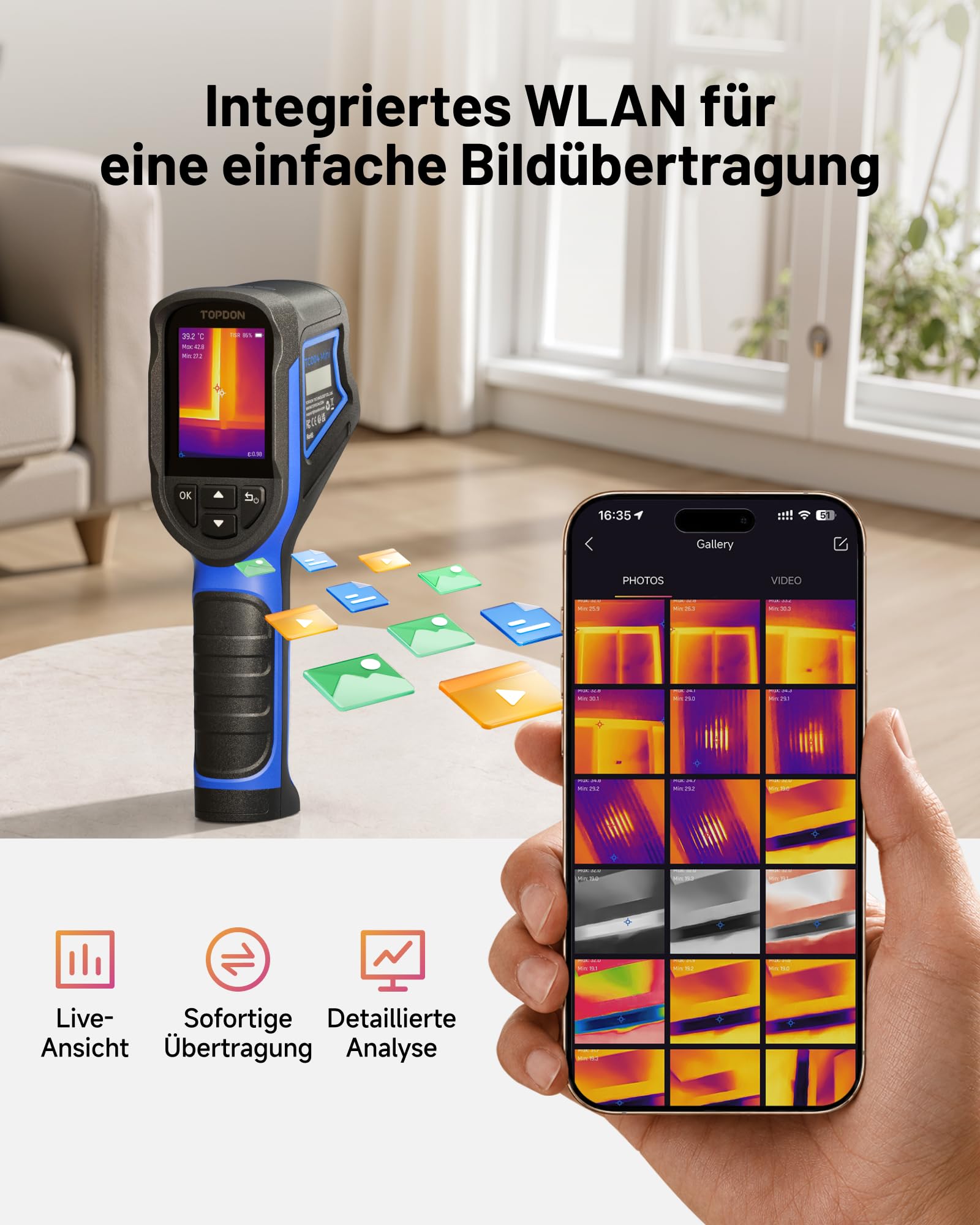 TOPDON Wärmebildkamera TC004 Mini New, 320x240 IR-Auflösung Thermal Camera mit 14 Std. Laufzeit, PC-Bildanalyse, WLAN, -20℃ bis 550℃ Infrarot Kamera mit 8GB Speicher,Videoaufzeichnung,Temperaturalarm