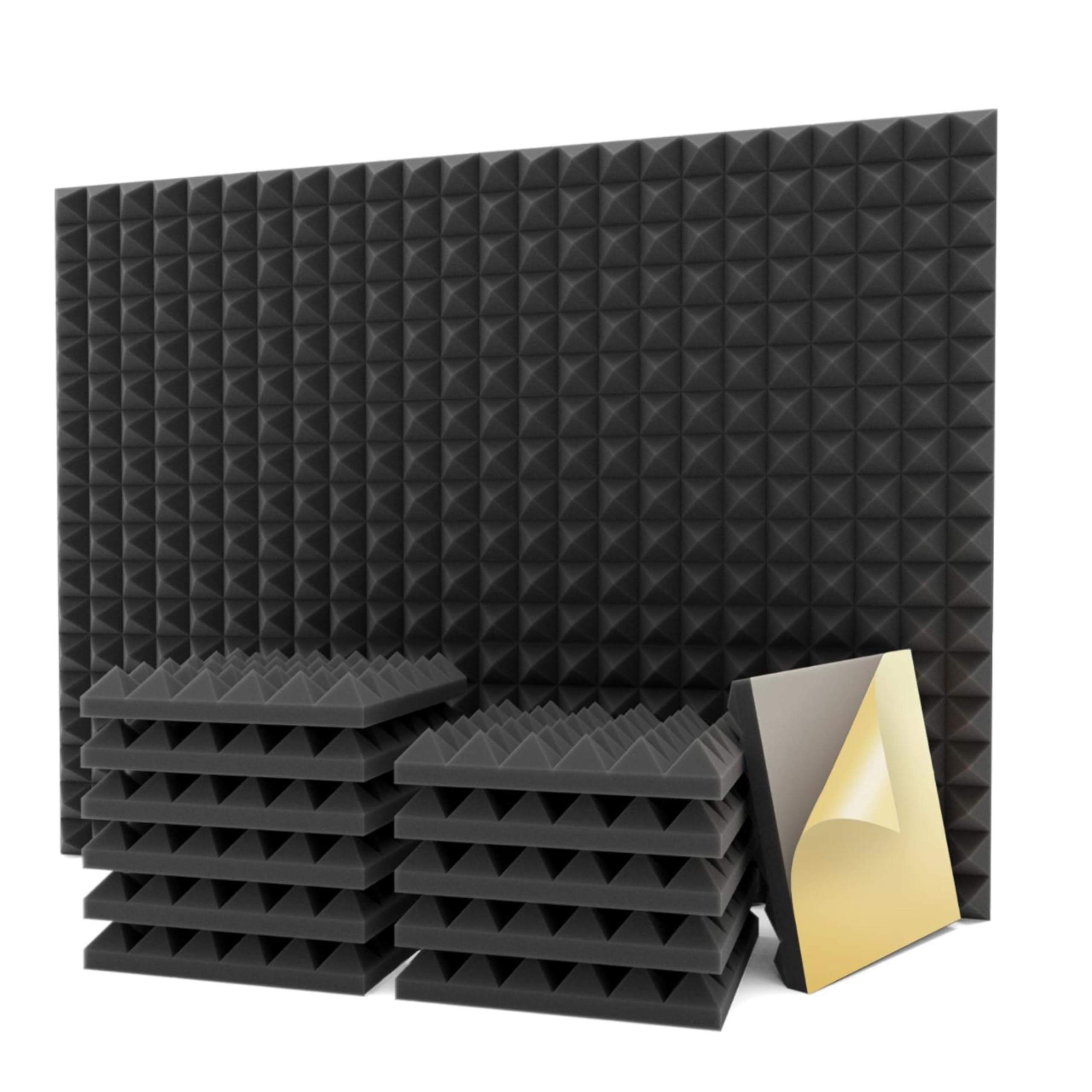 URBAN-X® Pyramid Acoustic Foam Soundproofing Studio 1'x1' ft. - 2 Inches 50D High Density, Soundproof Foam, Noise Reduction Panels, Echo Absorption (Black, Set of 36 (Self Adhesive))