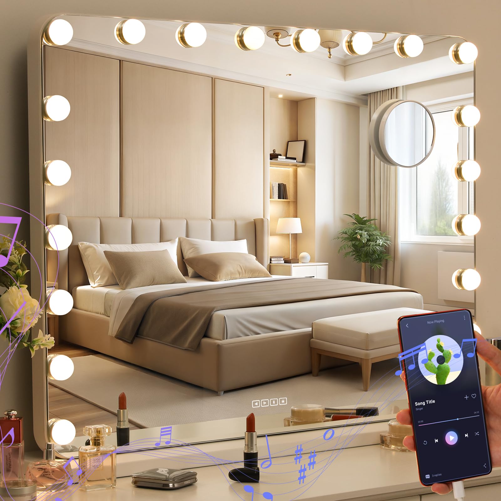Bluetooth Makeup Mirror with Lighting, 20 LED Lights with Dimming, Hollywood Mirror 80 x 60 cm, Music Speaker, Magnifying Mirror with 3 Light Colors, USB, 10x Magnifier, Wall Mirror