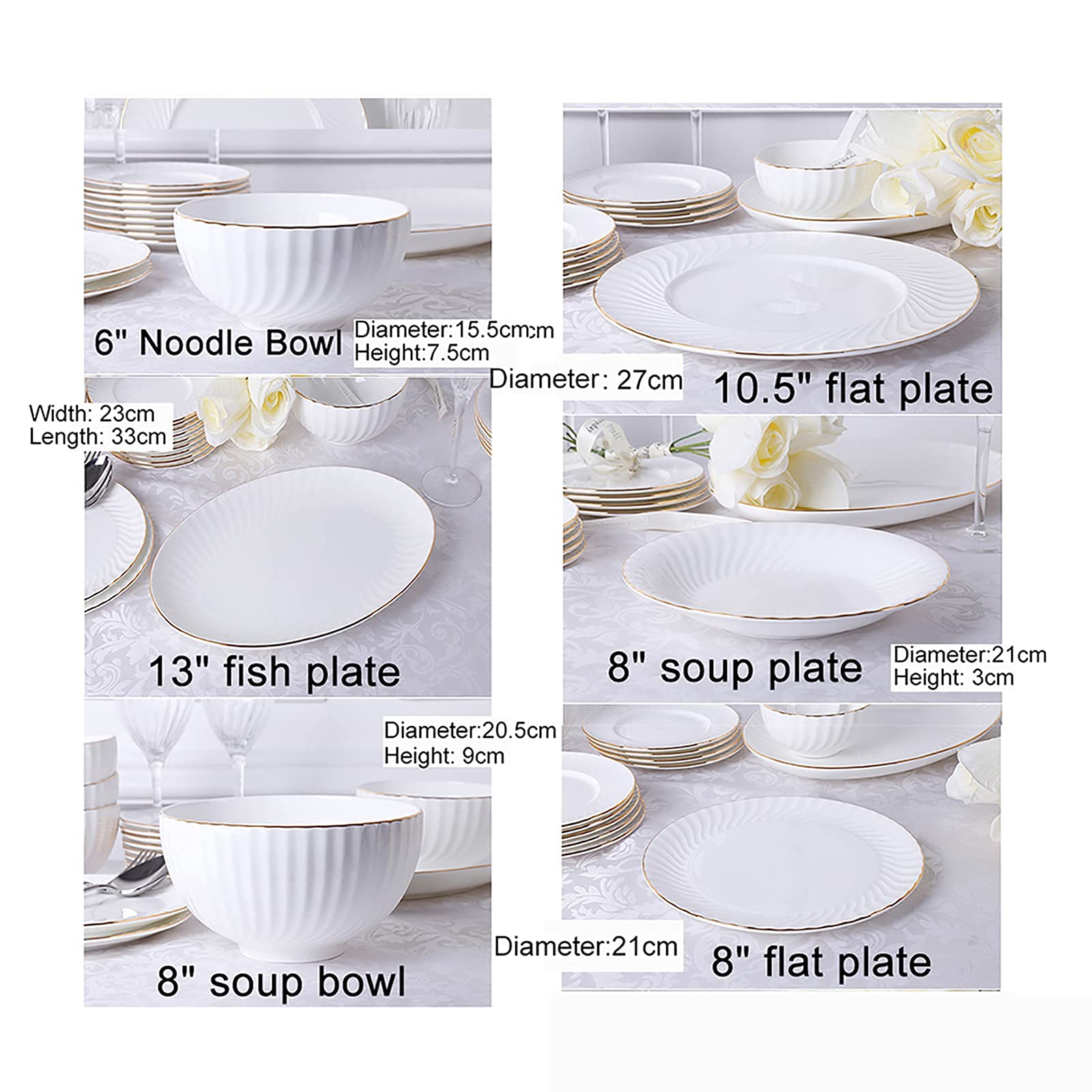 18-częściowy zestaw obiadowy, biała porcelana kostna, zestaw obiadowy z talerzykami deserowymi, talerzami do zupy, talerzami obiadowymi, miskami, serwisem dla 6 osób, bezpieczny do mikrofalówki i pie