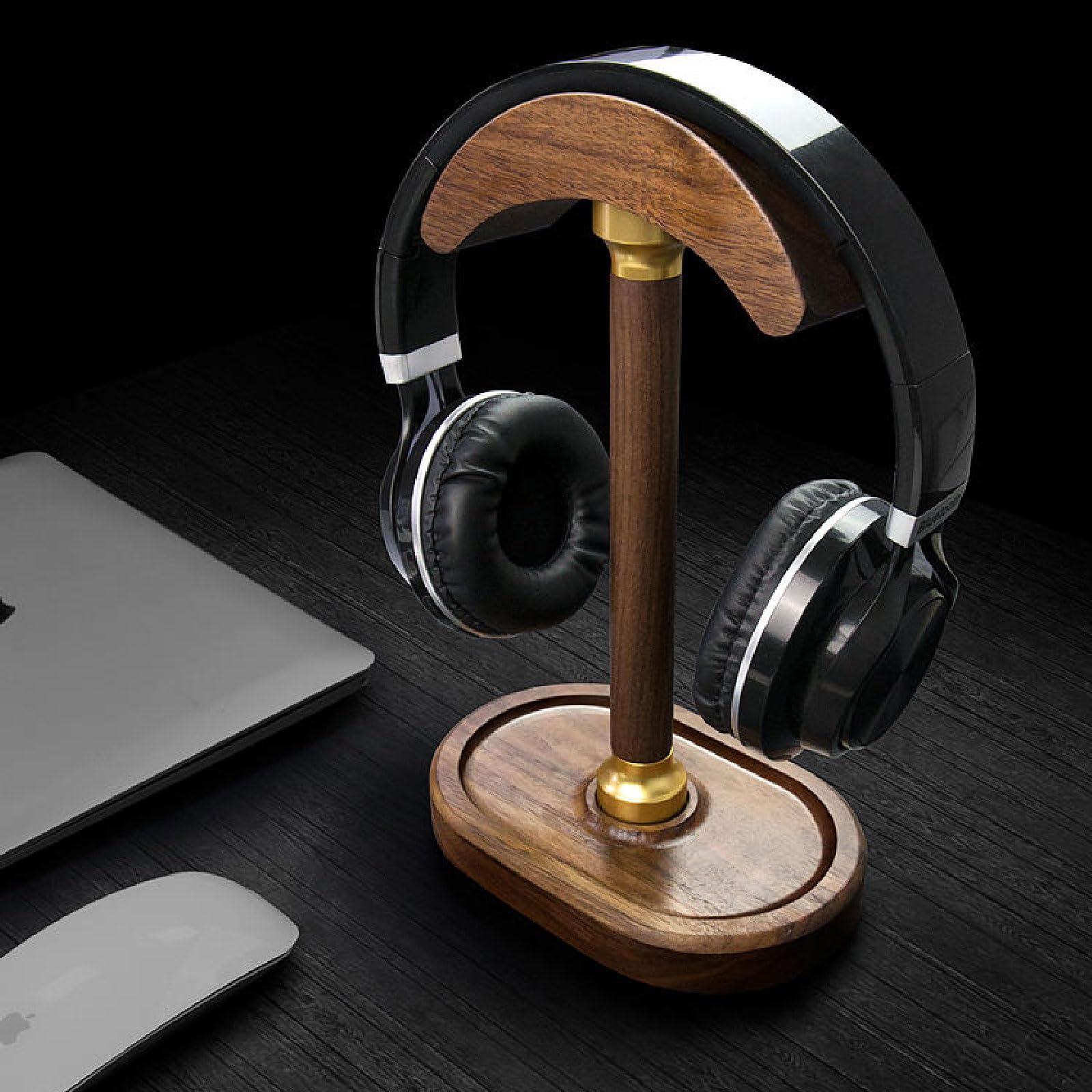 TOMRAIN Soporte para Auriculares de Madera Maciza, Soporte para Auriculares de Escritorio, Soporte para Auriculares de Nogal Negro, Colgador de Auriculares Multifuncional para Todos los Auriculares