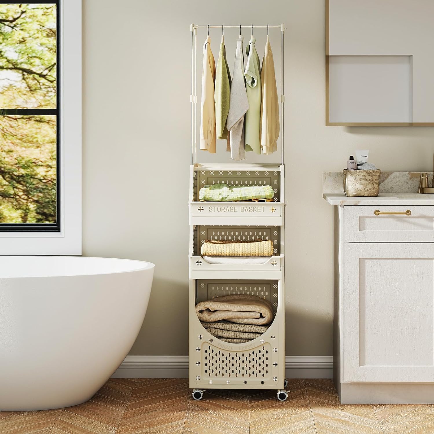 GIANTEX Cesto Ropa Sucia con Ruedas, Cesta de Lavandería Plegable con Copartimentos Abiertos, 6 Ganchos, Carrito de Almacenamiento para Baño, Dormitorio (81 L+Barra)