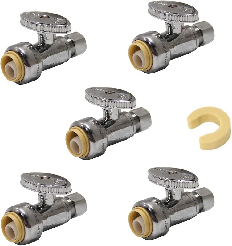 5PCS Efield Straight Stop Valve,1/2" Push-fit x 3/8"Compression | 1/4 Turn Straight Water Shut Off Valve,Chrome Plated Brass,For Ice Maker/Refrigerator Connection-PF-VALVE021(5)