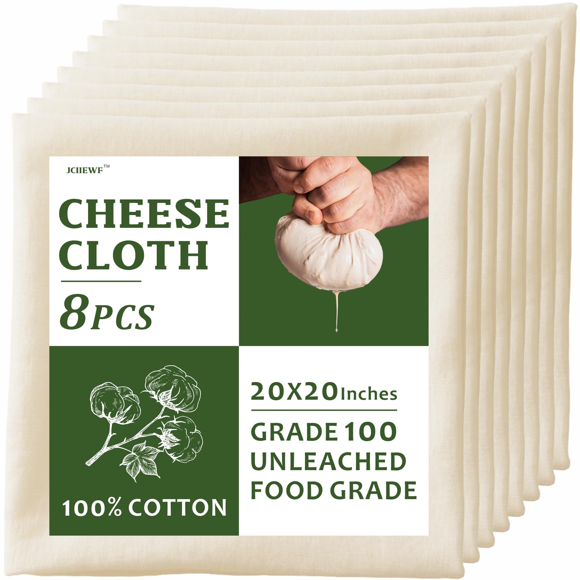 8 PCS Cheesecloth, 20x20 Inch Grade 100, 100% Unbleached Cotton Reusable Hemmed Cheese Cloths for Straining, Nut Milk, Baking &amp; Cheese Making