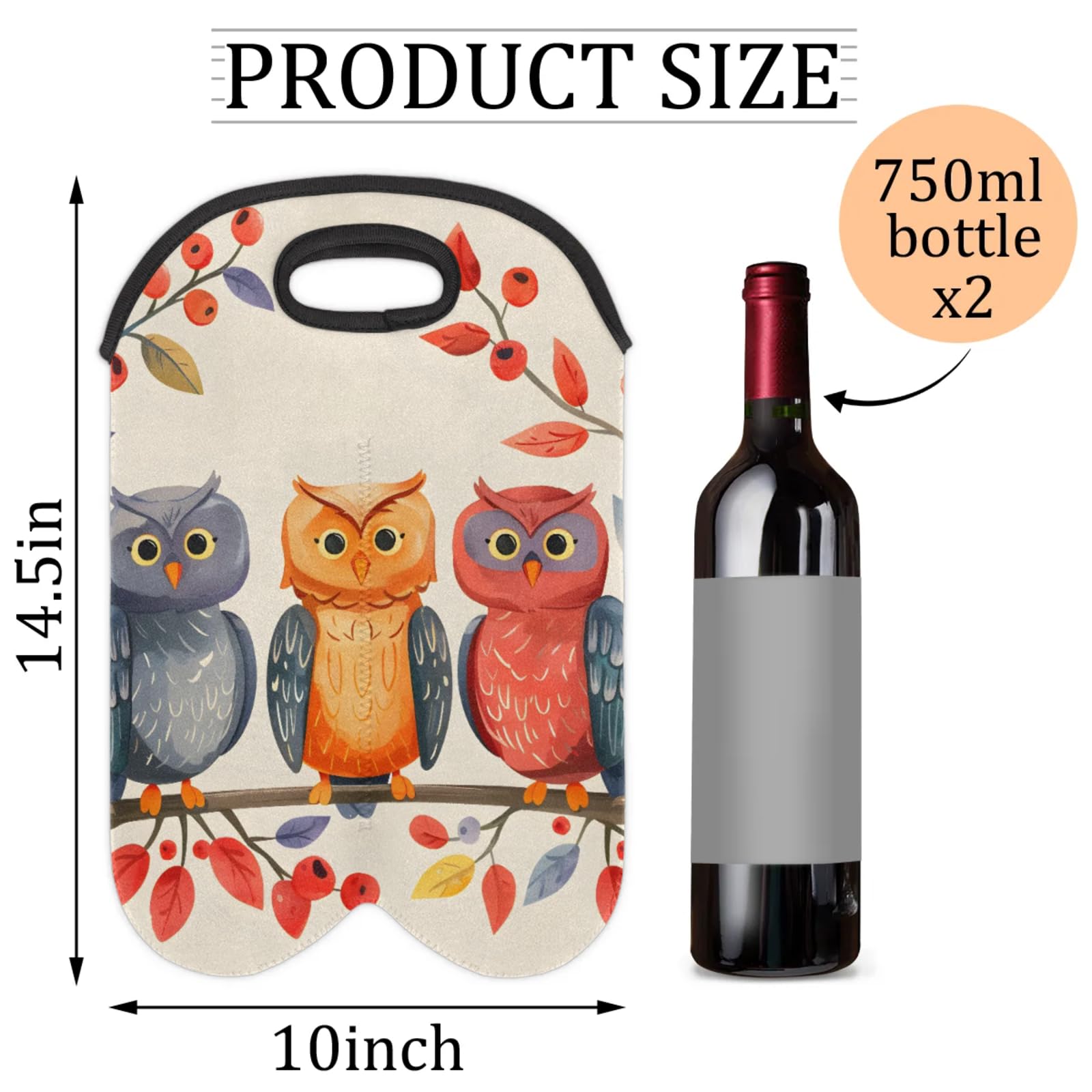 GzLeyigou 2 Bottles Owls on Branches Wine Bag Sleeve Totes Neoprene Protective Wine Carrier Bag for Wine,Water, Champagne, Beer, Baby Bottles,Gift 14.5 x 10 Inches