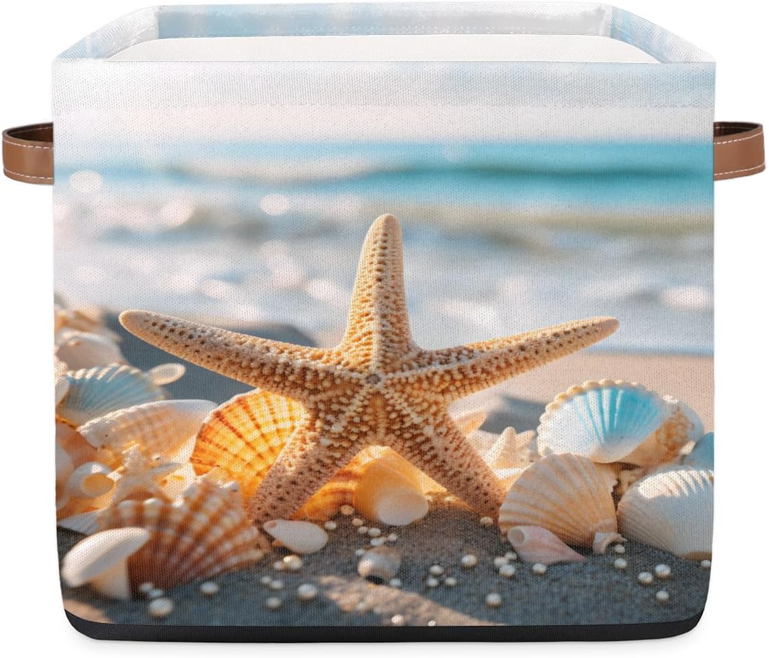 13" Summer Beach Storage Basket Bin Starfish Large Fabric Toys Storage Cube Box with Handles Collapsible Closet Shelf Cloth Organizer Basket for Nursery Bedroom Bathroom