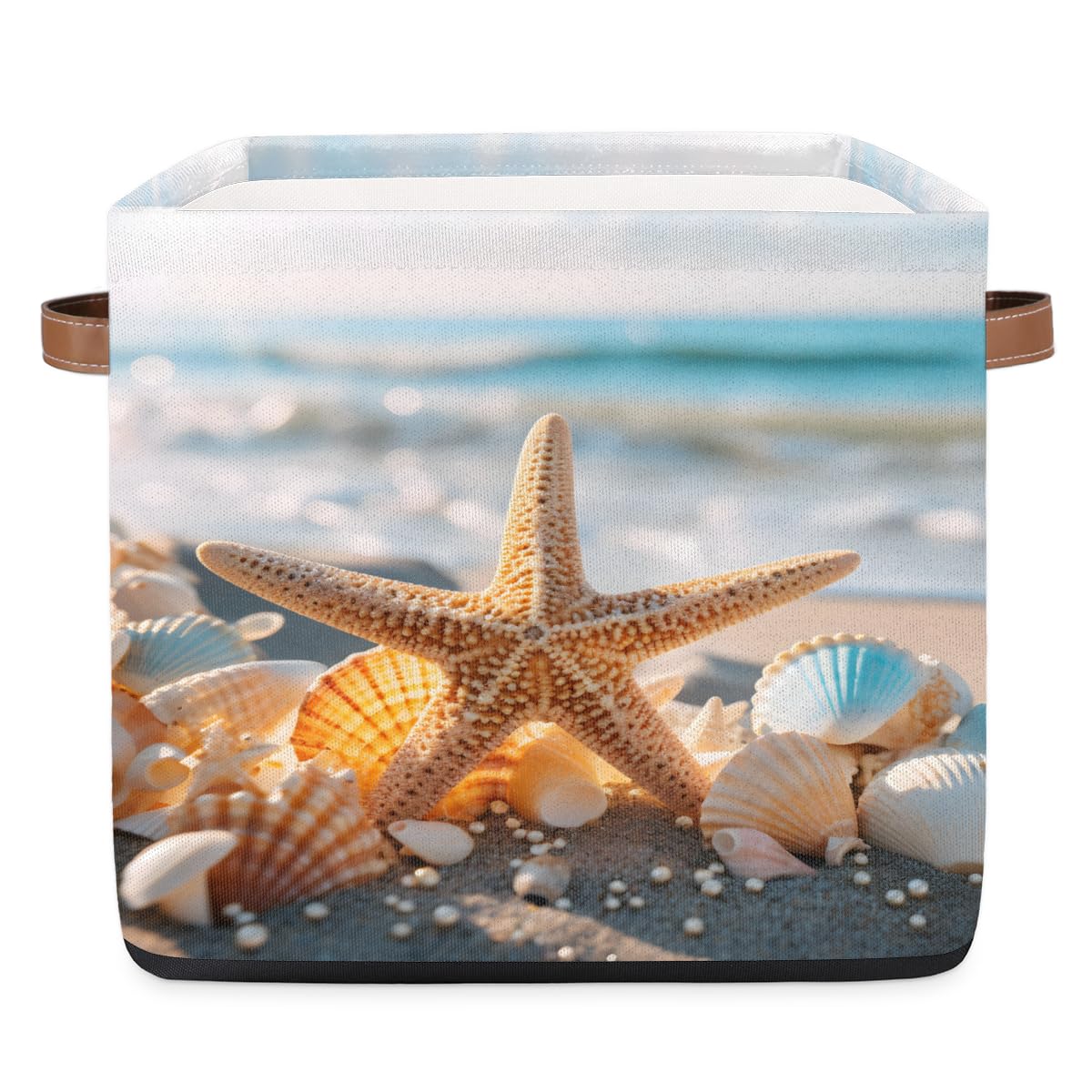 13" Summer Beach Storage Basket Bin Starfish Large Fabric Toys Storage Cube Box with Handles Collapsible Closet Shelf Cloth Organizer Basket for Nursery Bedroom Bathroom