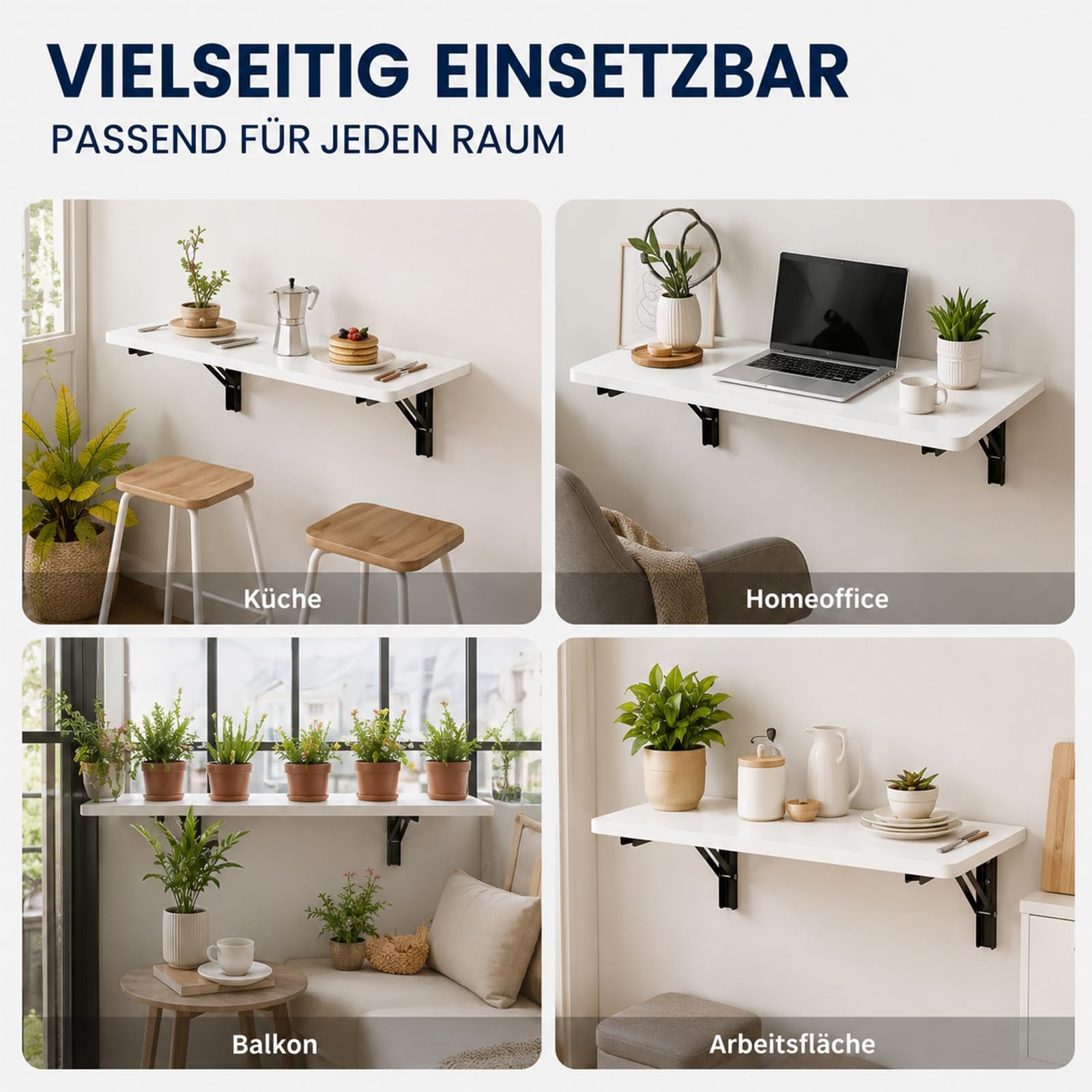 Wandklapptisch 60x40 cm Weiß, Klapptisch Wandmontage, 40 kg | Platzsparender Klapptisch aus Holzwerkstoff und Stahl, ideal als Esstisch, Schreibtisch oder Küchentisch.