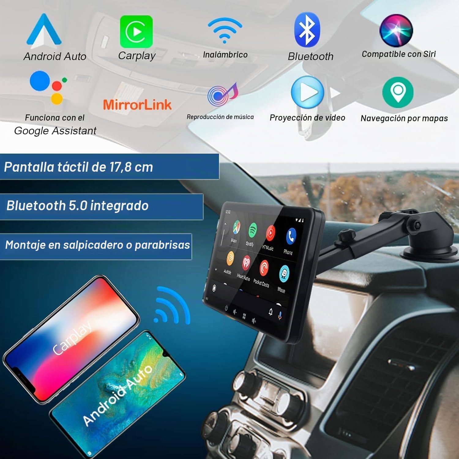 Equipo de Sonido portátil para Coche de 7 Pulgadas, versión Mejorada de 2024, Compatible con CarPlay y Android Auto inalámbricos, AirPlay, Sonido estéreo, Control por Voz, conexión WiFi, Bluetooth