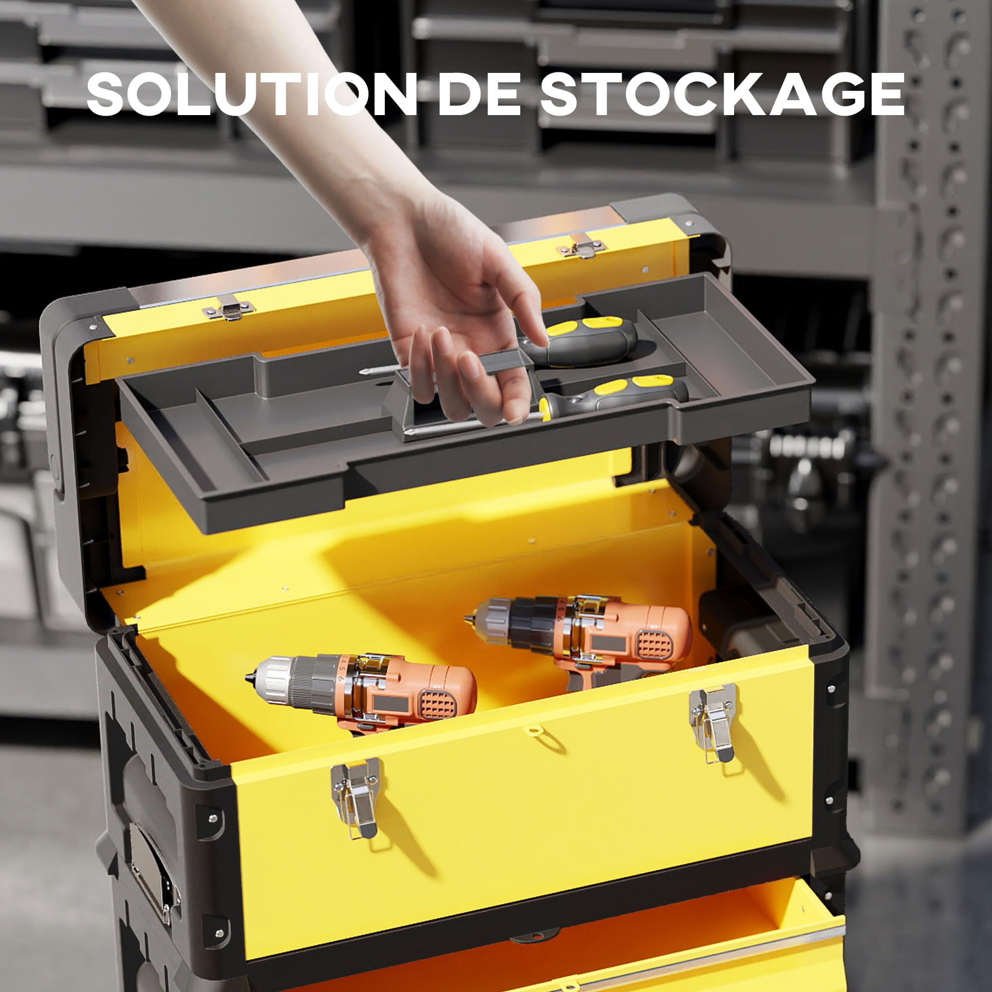 HOMCOM Set di 3 cassette portautensili su ruote impilabili e modulari per officina trolley in acciaio con vassoio, maniglie e serratura, per garage e magazzino, colore giallo