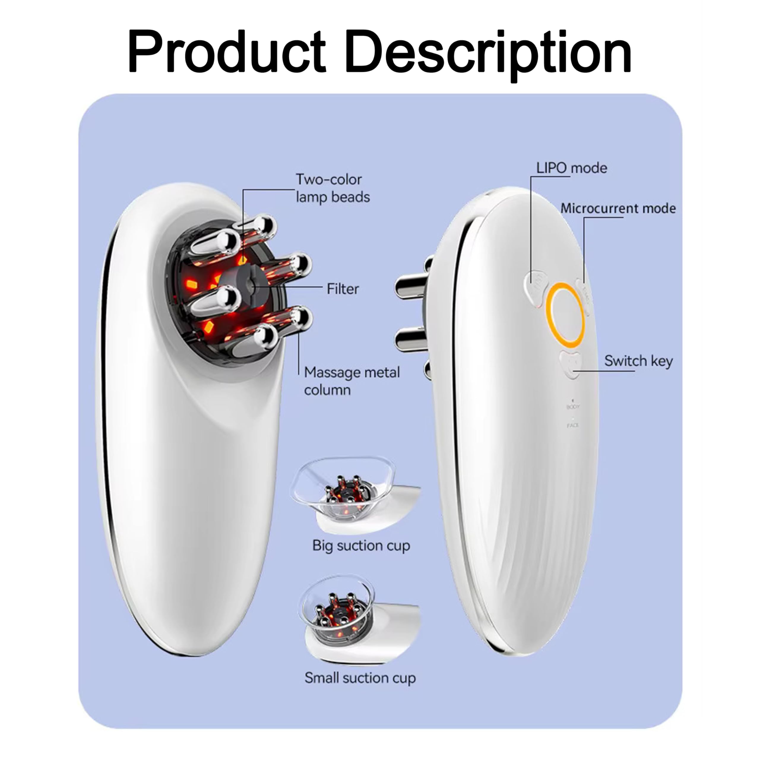 Elitzia ETAM820 Appareil de massage portable 3 en 1 pour thérapie par aspiration sous vide EMS Microcourant et lumière LED pour le visage et le corps raffermissant et rajeunissant