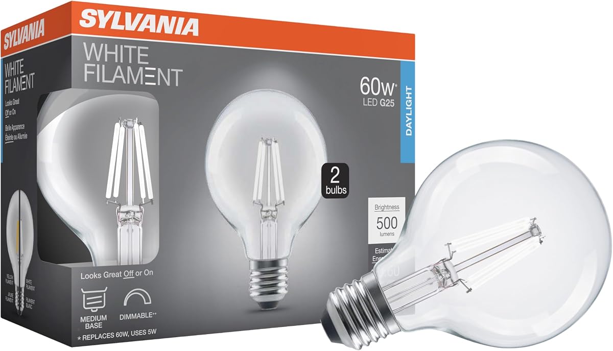 Sylvania G25 Clear Globe LED White Filament Bulb, 5W, Dimmable, 500 LMS, Medium Base, 5000K, Daylight - 2 Pack (42177)