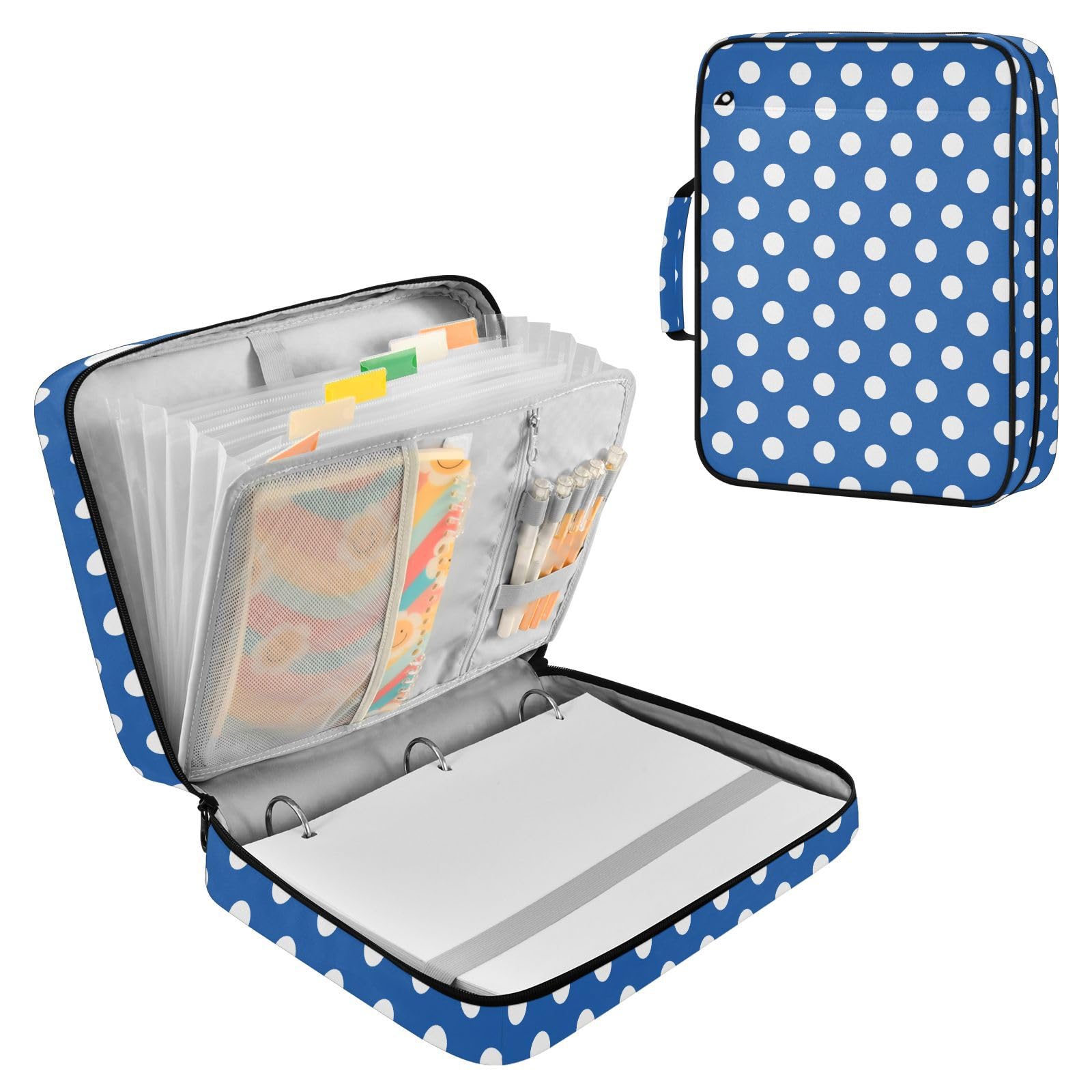 Kcldeci Cartella portadocumenti espandibile con raccoglitore a 3 anelli, a pois, blu, 500 fogli, borsa per raccoglitori per scuola, ufficio, viaggi