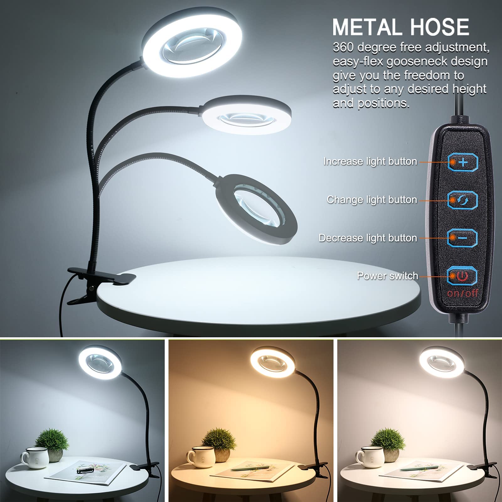 Loupe éclairée 6X avec lumière et Support, Grandes loupes Mains Libres avec lumière Lentille Extra Large de 72 lumières LED 3 Modes de Couleur pour Les Personnes âgées de Lecture au Travail rapproché