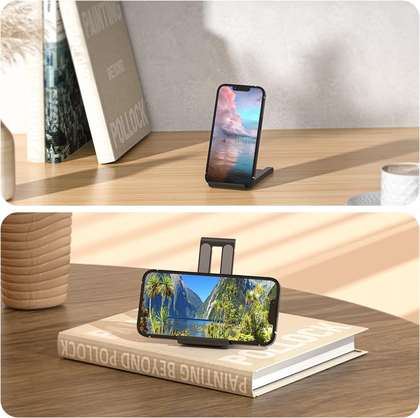 ESSAGER Foldable Mini Cell Phone Stand showing multi-angle adjustment from 0 to 80 degrees