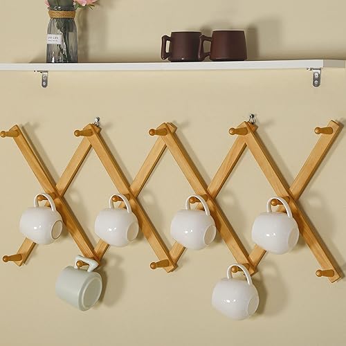 Miniatura 2 de SKOLOO Perchero de pared de acordeón, paquete de 2, moderno perchero expandible montado en la pared, de madera maciza, para sombreros de pared, 14
