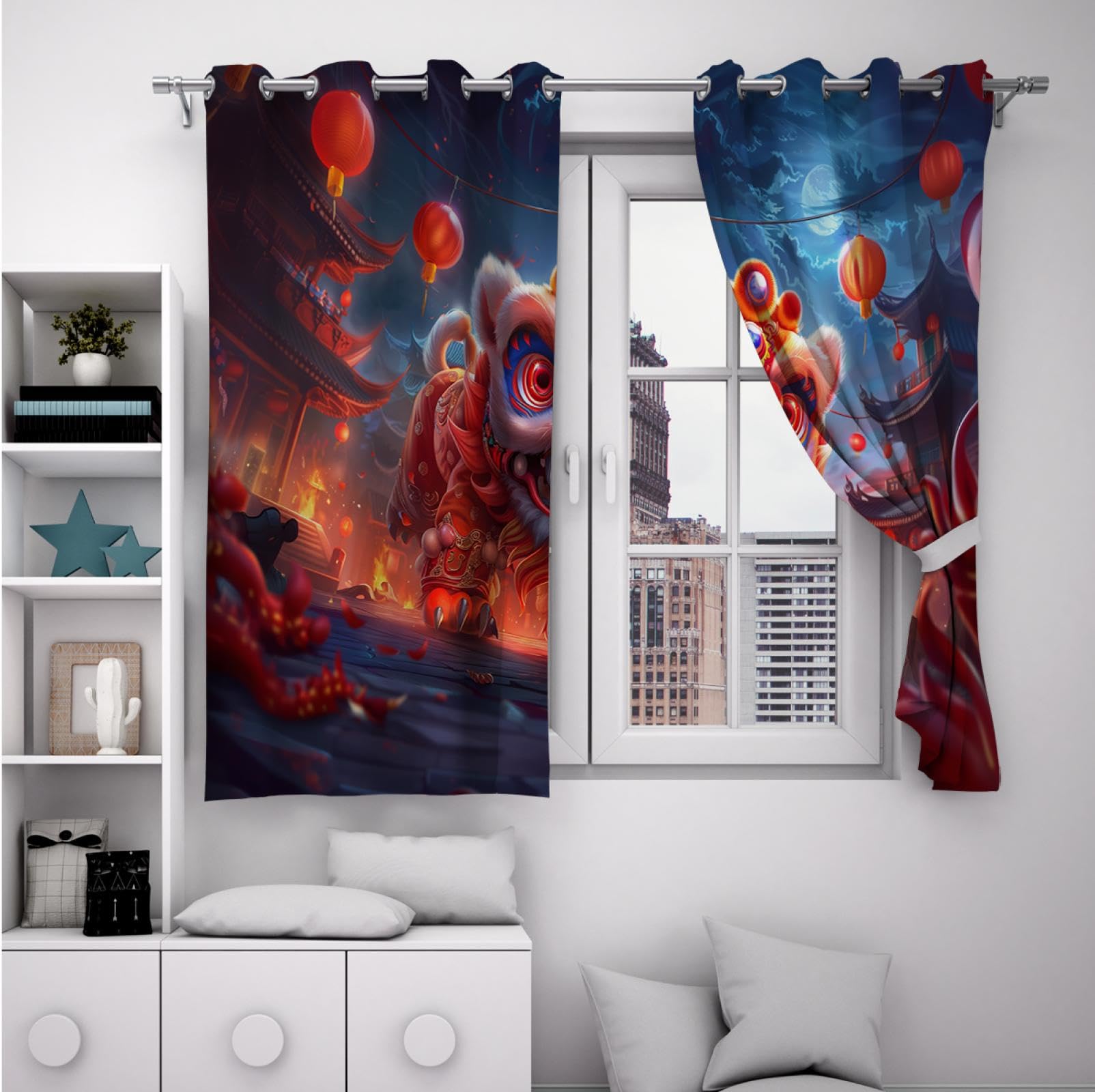 HOBBOY Chinese Style Curtain New Year Holiday Decoration Window Treatment for Bedroom Living Room Lion Dance Pattern Blackout Curtains 2 Panels 2X W38xL63in