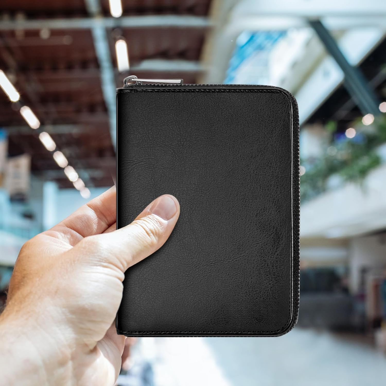 Cartera de cuero genuino para pasaporte, funda de bloqueo RFID con cierre de cremallera y 3 bolsillos para pasaporte, Negro, Vintage