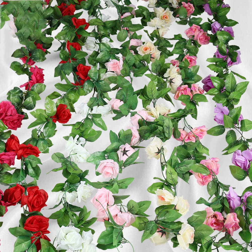 5 Stück Künstliche Blumengirlande, Deko Hochzeit Rosengirlande Kunstblumen Girlande, Künstliche Rose Blume Seidenblumen Hängende Girlande für Hochzeit, Garten, Wand Dekoration,Weiß E
