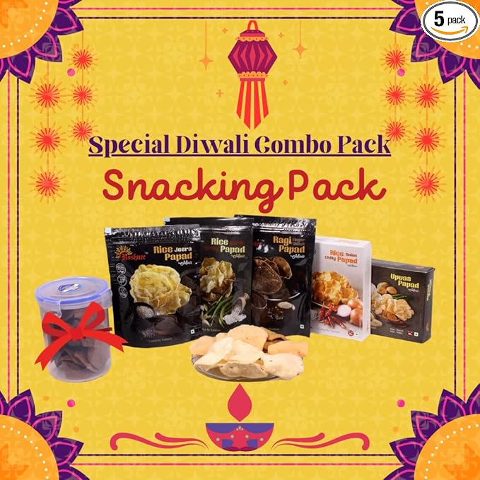 Roshnee 5 Combo pack for Diwali Snacking with Free Airtight Container | Unique D.I.Y. Snacks for anytime snacking | Rice, Millet and Upvas | 80 gm x 5 = 400 gm | Gluten Free, Wholesome | No Preservatives / Articial Colours or Flavours