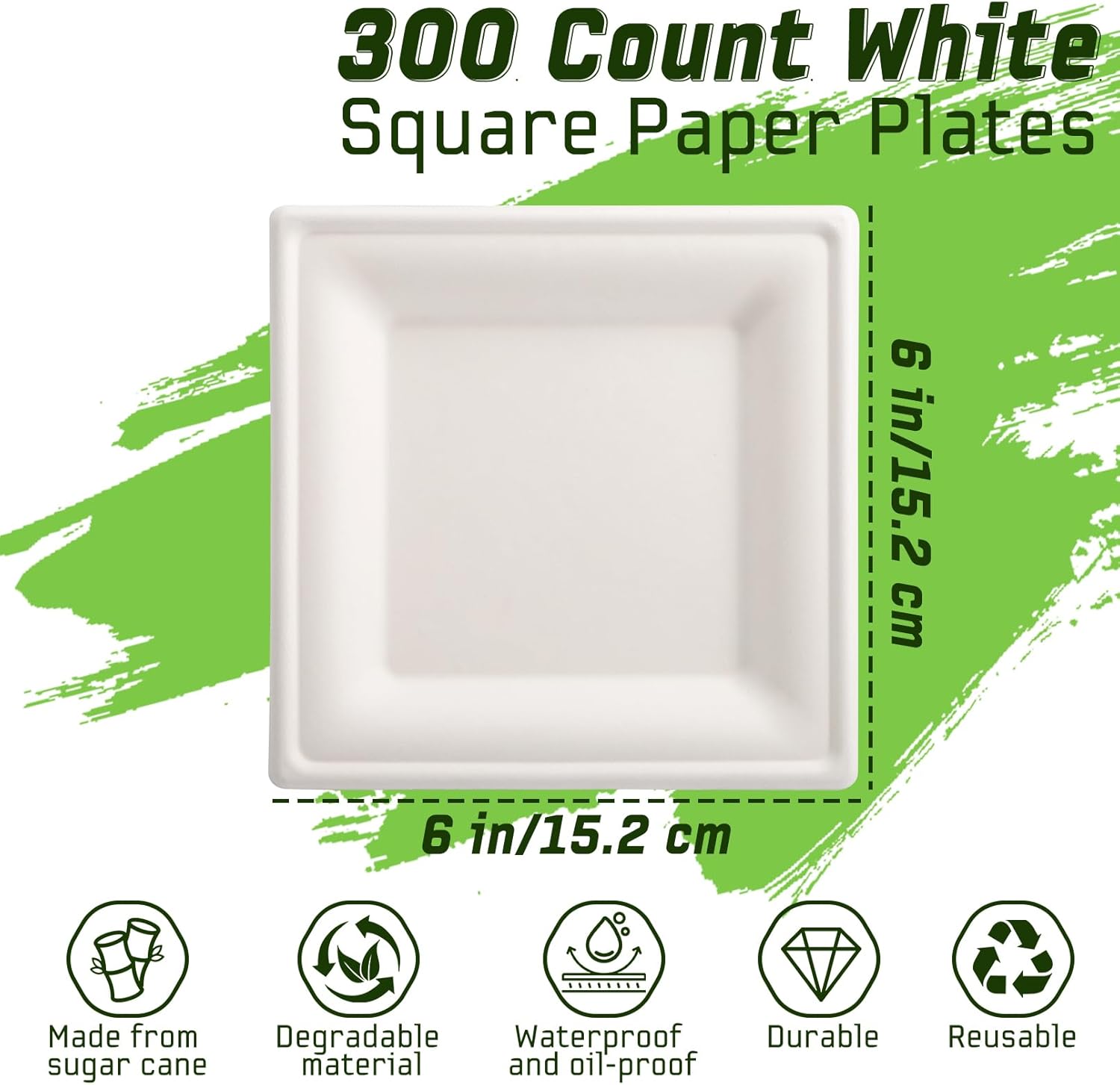 300 pack Compostable Square Paper Plates,6 Inch Dessert Plates,Heavy Duty Biodegradable Sugarcane Plate,Disposable Small Paper Plate for Daily Meals,Party,Picnic,Cake(White)