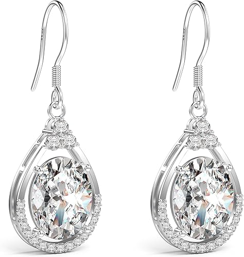 18K White Gold Plated Sterling Silver Oval Cut Cubic Zirconia Drop Dangle Earrings for Women Hypoallergenic Statement Earrings Gifts for Women Mom(Clear)
