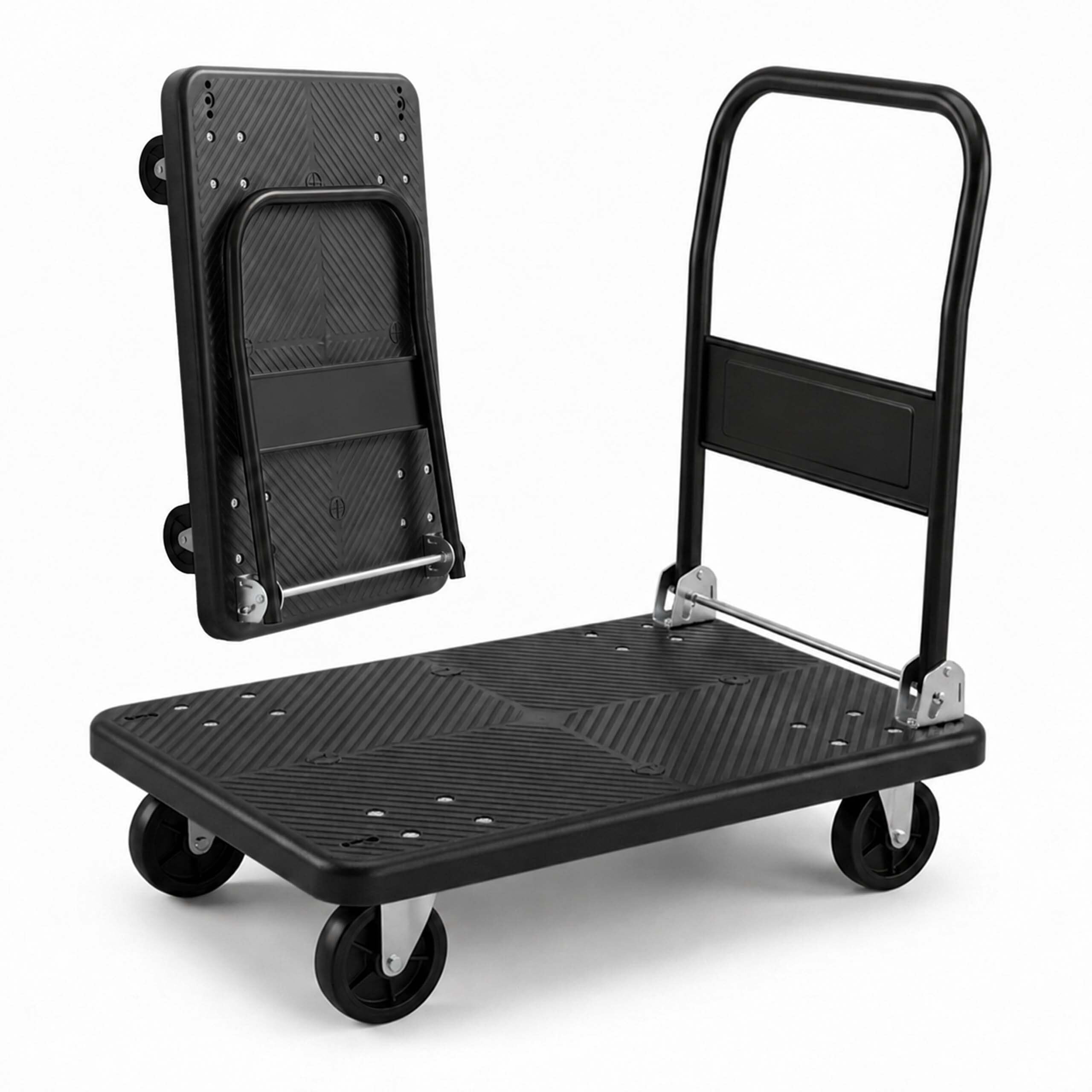 Relaxdays Carro de transporte hasta 300 kg, plegable, plataforma XL, negro | Asa, 2 ruedas giratorias
