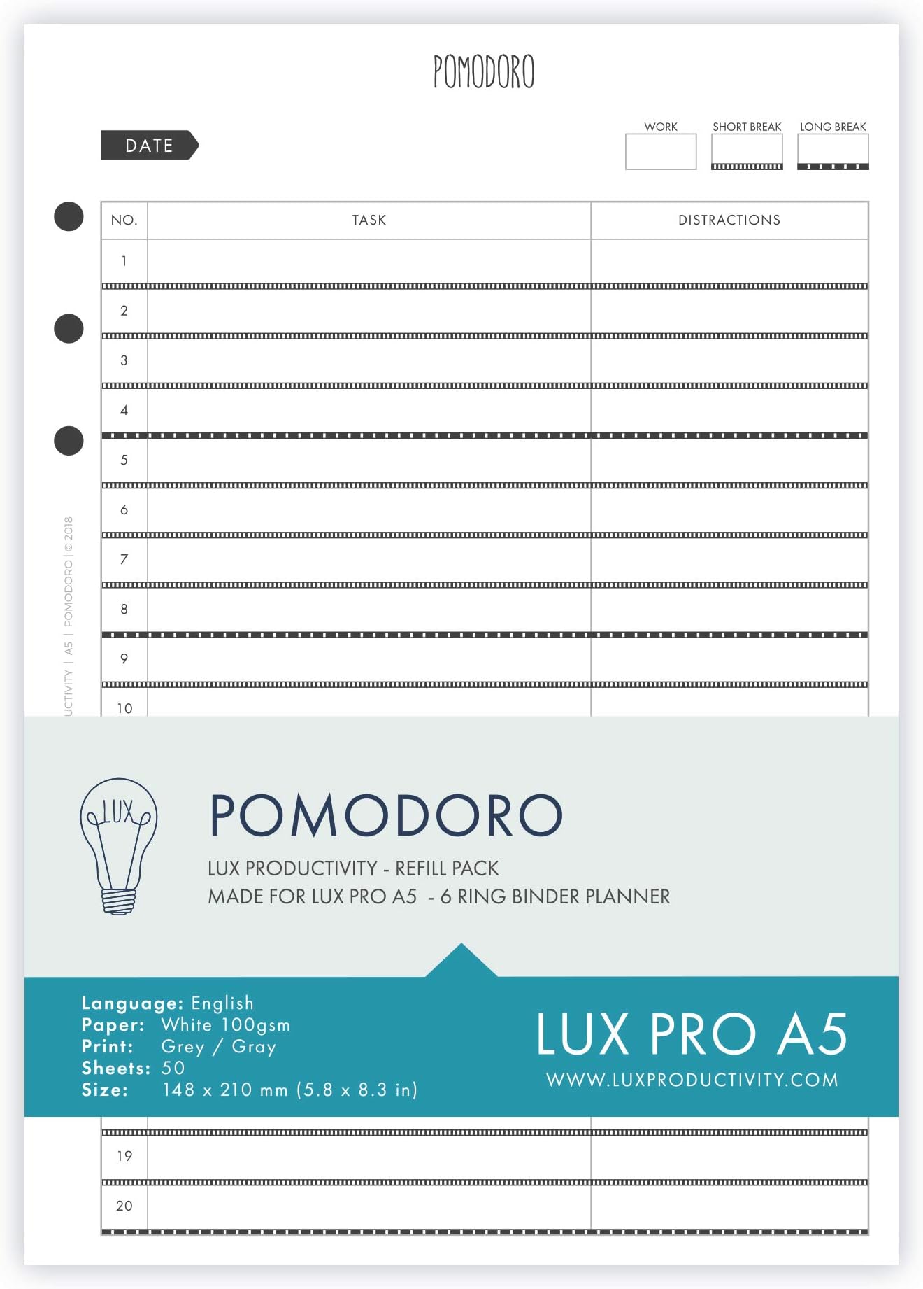 LUX PRO A5: Pomodoro - LUX Productivity Refill Pack - Planner Page Inserts - Compatible with The LUX PRO A5 6-Ring Binder Organizer