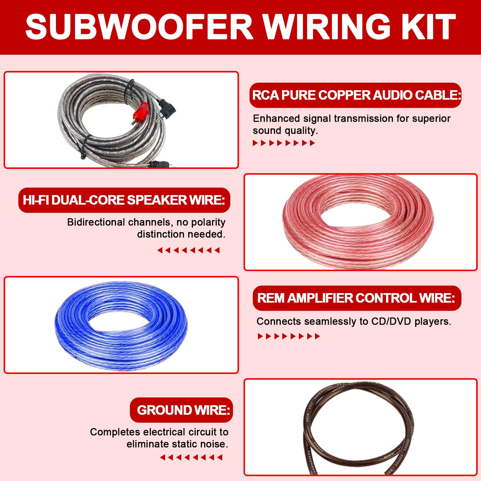Ensemble de câbles de subwoofer XWGKLN, jeu de câbles d'amplificateur de voiture 4GA, jeu de câbles d'amplificateur d'alimentation de 5 mètres, fil audio de voiture
