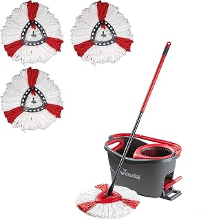 Vileda Turbo - Juego de fregona con palo telescópico, cubo escurridor giratorio y recambio de microfibras, incluye 3 recambios adicionales, color negro y rojo, 48.6 x 29.6 x 29.3 cm