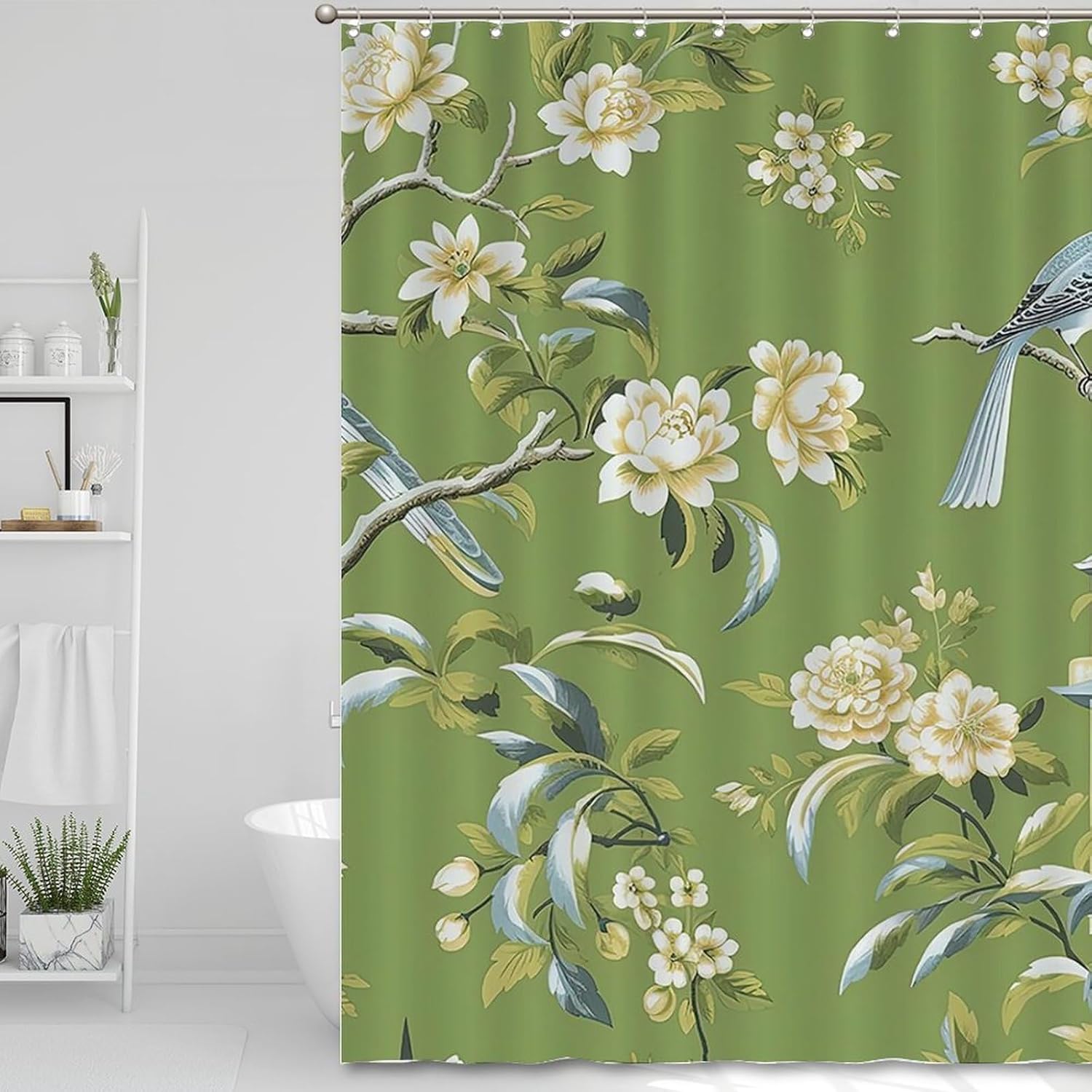 Green Shower Curtains for Bathroom Brid Pagoda Chinoiserie Asian Inspired Bathroom Shower Curtain Farmhouse Shower Curtain 72x90in Polyester Fabric Shower Curtain Set with Hooks