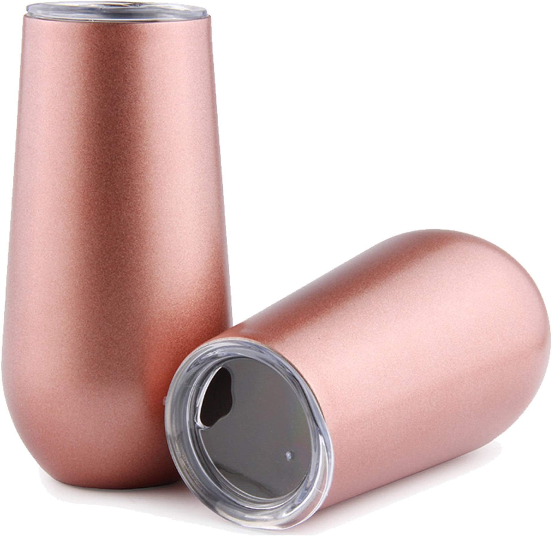Sivaphe 6 Ounce Stemless Champagne Flutes with Lid, Small Stainless Steel Resuable Toaste Mug, Rosegold Insulated Champagne Tumbler 2 Pack