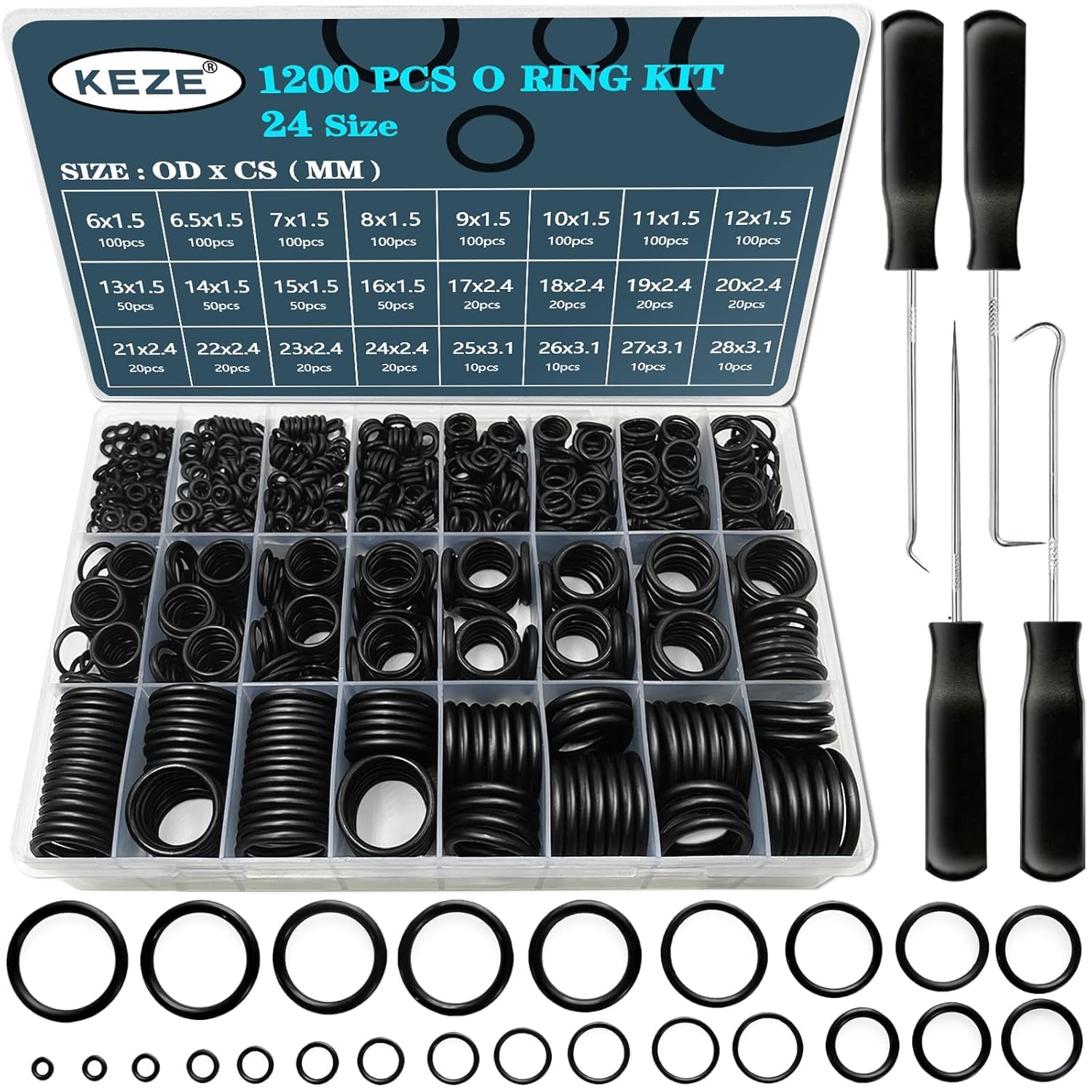 KEZE 1200 Pcs 24 Size Universal Rubber O-Ring Assortment Kit with 4-Piece Precision Pick and Hook Set for Auto Vehicle Tap Plumbing Pressure Washer Air or Gas Sealing Repair OD:6mm-28mm O Ring
