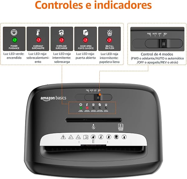 Amazon Basics Trituradora de microcorte 8 hojas capaz de destruir papel CD y tarjetas de crédito, Negro Negro 8 hojas Micro-Cut - 3