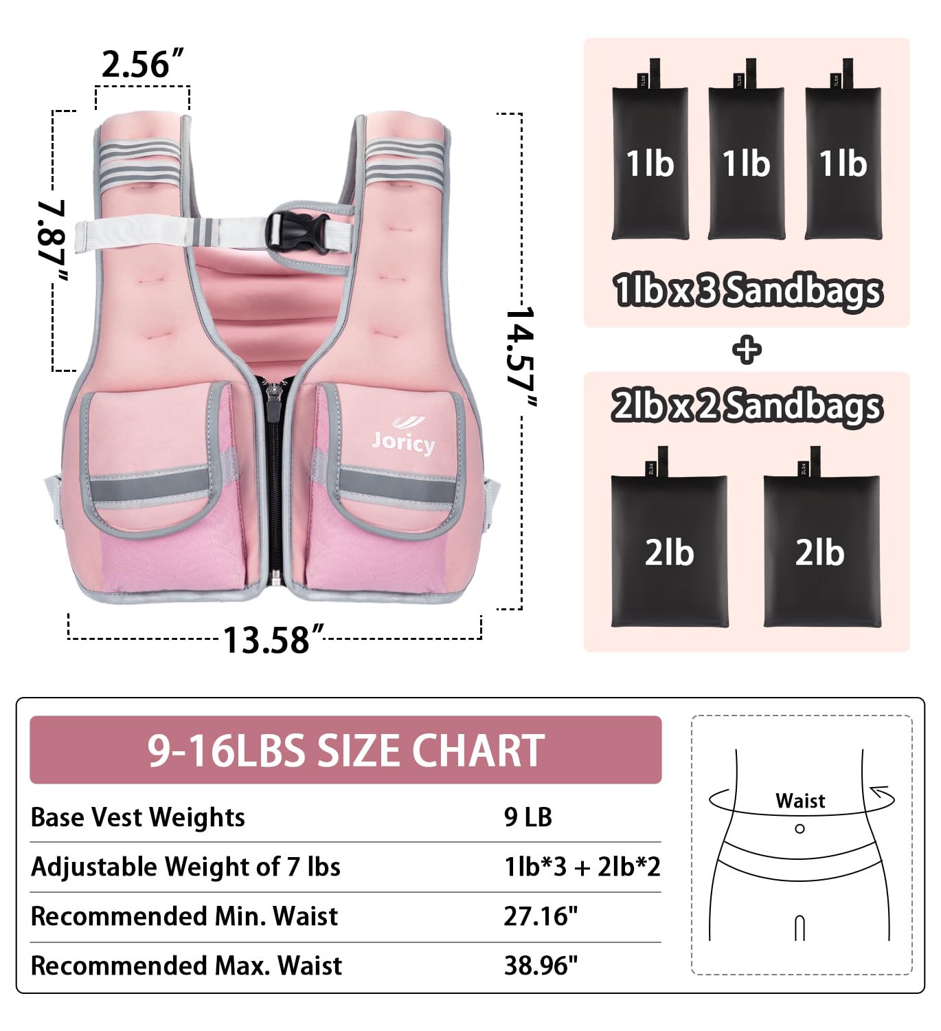 Adjustable Weighted Vest Woman Men 9-16lb Body Weight Vest with 5 Ironsand Weights Weighted Vest Women Adjustable Weights for walking Running Strength Training Workout Pink