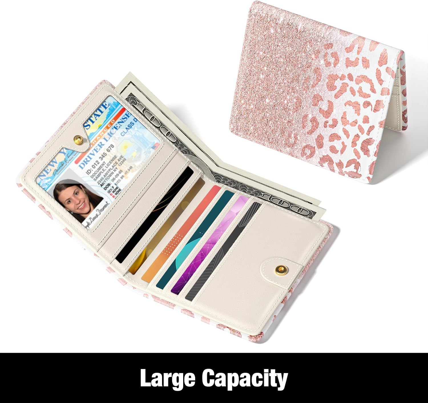 Rouidr Womens Wallet, RFID Small Slim Wallet for Women, Cute Bifold Leather Pocket Credit Card Holder Ladies Mini Purse with Zipper Coin Pocket & ID Window, Pink Leopard image 3