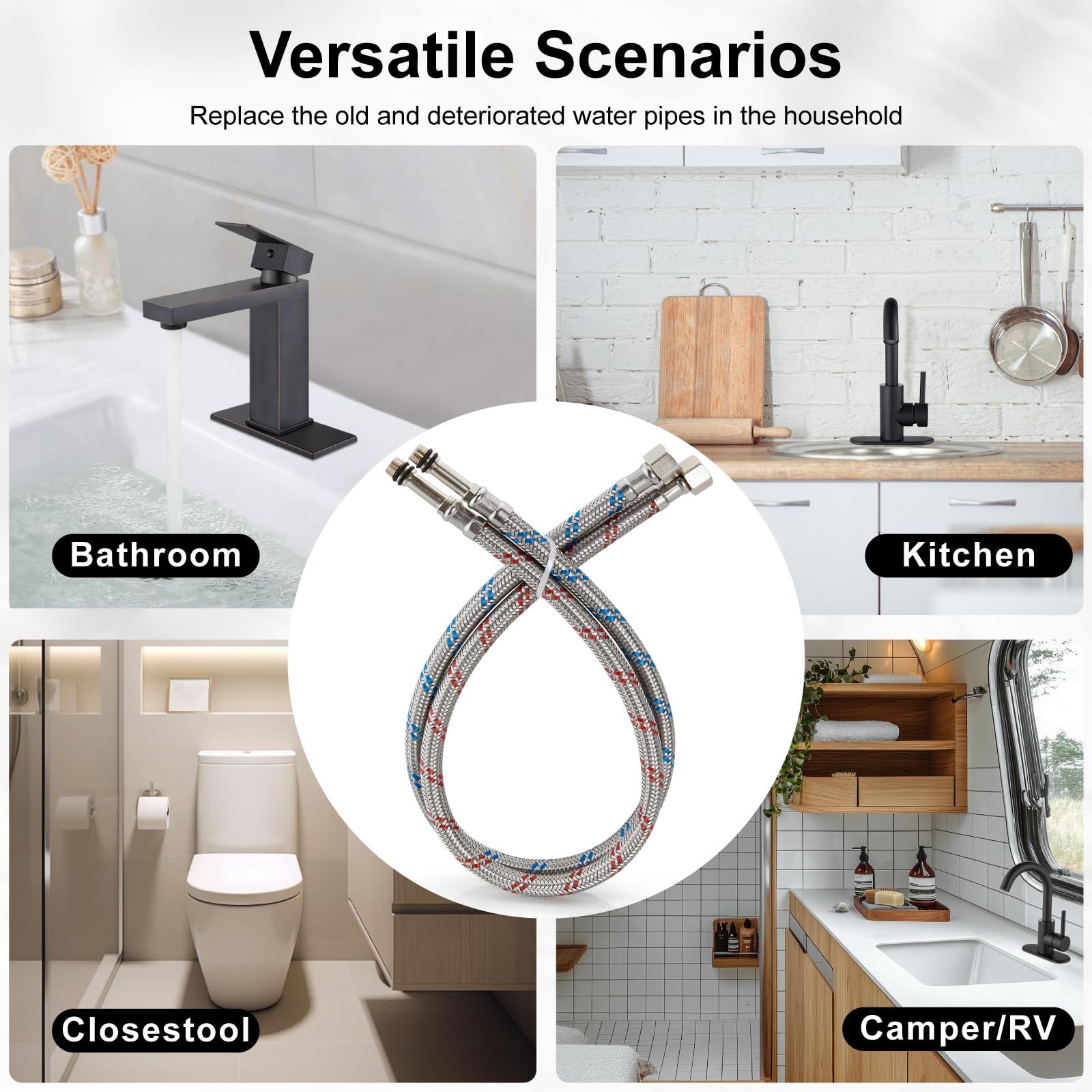 Midanya Líneas de suministro de agua para grifo de 40 pulgadas de largo, manguera de suministro de acero inoxidable trenzada de 3/8 pulgadas rosca de compresión hembra x conector macho M10, 2 piezas