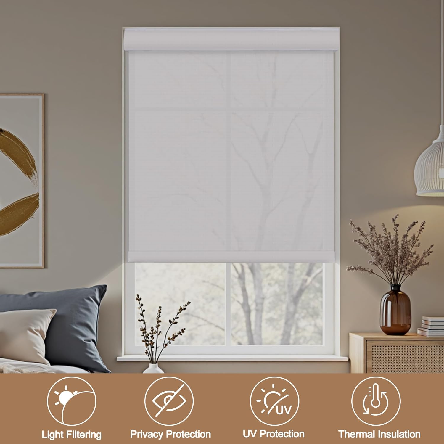 LUSTROWIN Free-Stop Cordless Roller Shades (Upgraded) - Light Filtering Blinds with Cassette Valance, Spring System, UV Protection Energy Saving for Home & Office (Custom Size, Leaf Green)