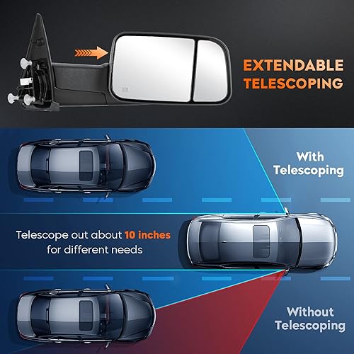 Miniatura 6 de Youxmoto Espejos de remolque para Dodge Ram 1500 2002-2008, Ram 2500 3500 2003 2004 2005 2006 2007 2008 2009, con calefacción eléctrica luz