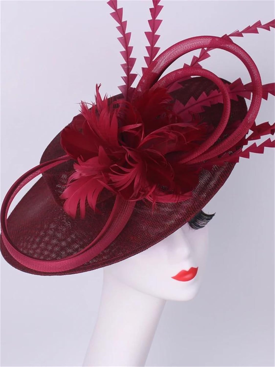 Women's Burgundy Feather Fascinator Headband Fancy Millinery Bridal Hair Cocktail Tea Party Derby Hat