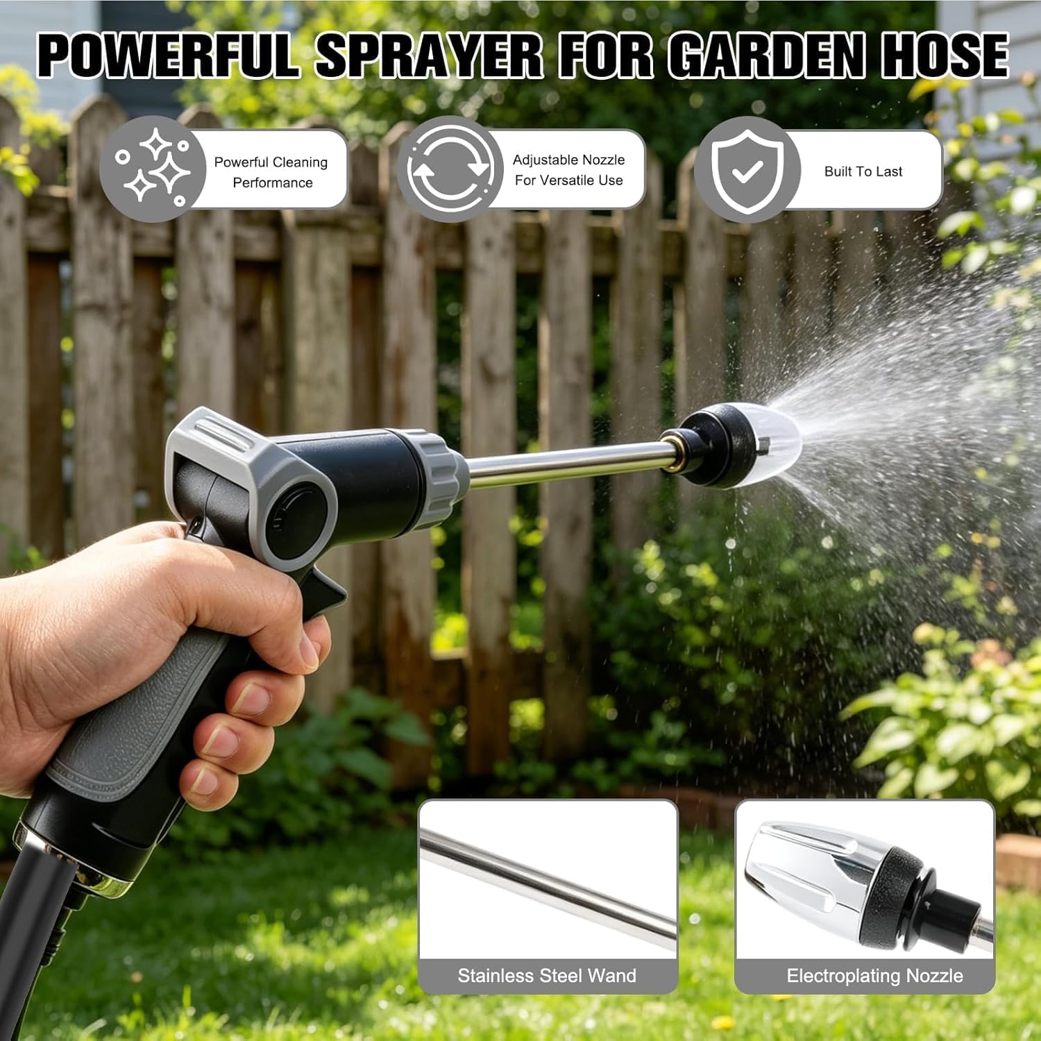 Pressure Washer Spray Nozzle, Heavy Duty Garden Hose Nozzle, Multi Function Lawn & Garden Watering Sprayer, 360° Rotating for Three Spray Modes, Effortless Dirt & Stain Removal