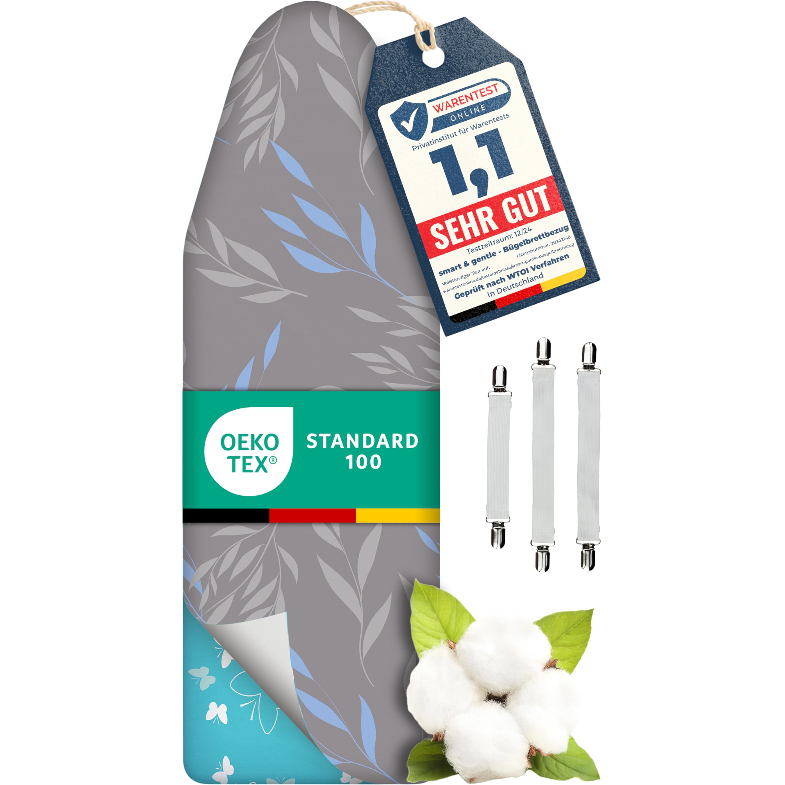 Super Soft Turbo-Bügelbrettbezug 120x40, Made in Germany, ÖKOTEX Baumwoll-Polsterung, schneller mit Thermoreflexion, 5 Größen, EasyFit+Spanner, L Fläche 116-120x38-40cm